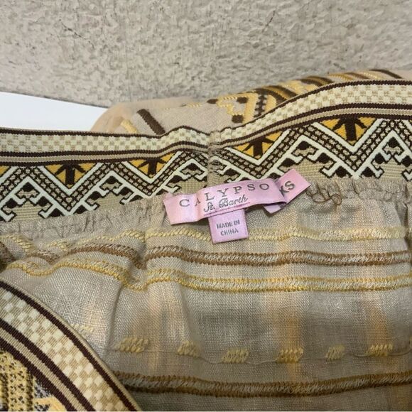 Calypso St. Bart Bohemian Linen Patterned Tan/Brown Pull On Mini Skirt Sz XS - Picture 4 of 5